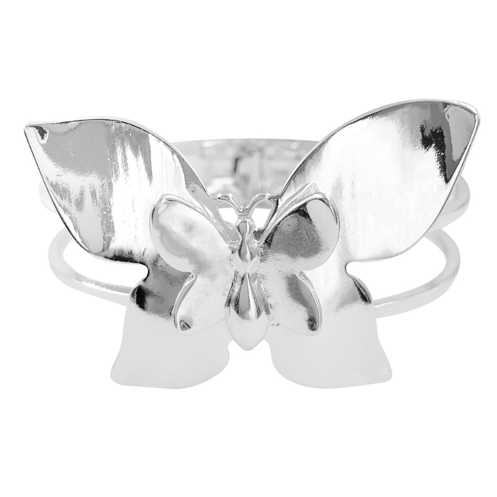 Double Butterfly Chunky Silver Tone Statement Hinged Bangle Bracelet